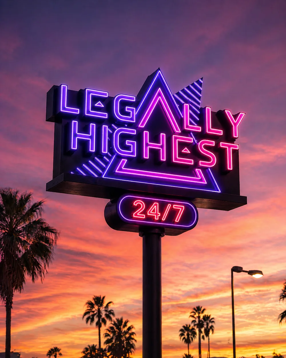 A lit Legally Highest sign against a sunset, palms behind it